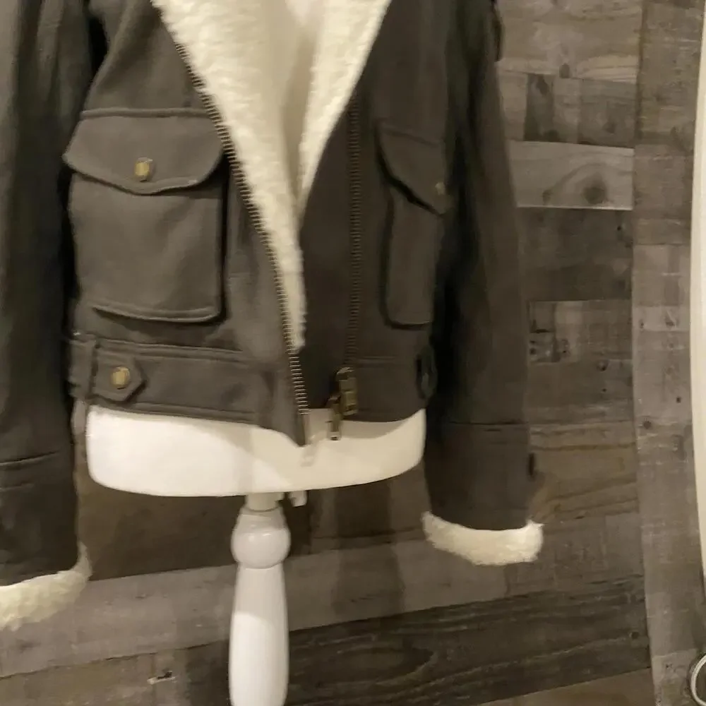 American Eagle Women’s Olive Moto Jacket W/Faux Fleece Trim Size Medium Vintage